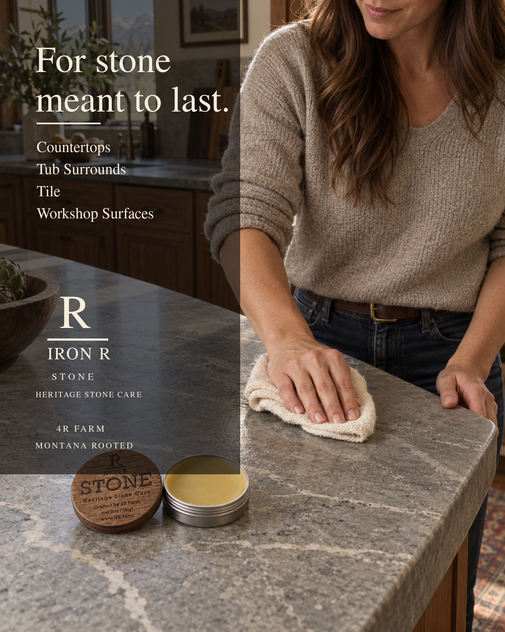 Stone countertop being polished beside the words “For stone meant to last.”