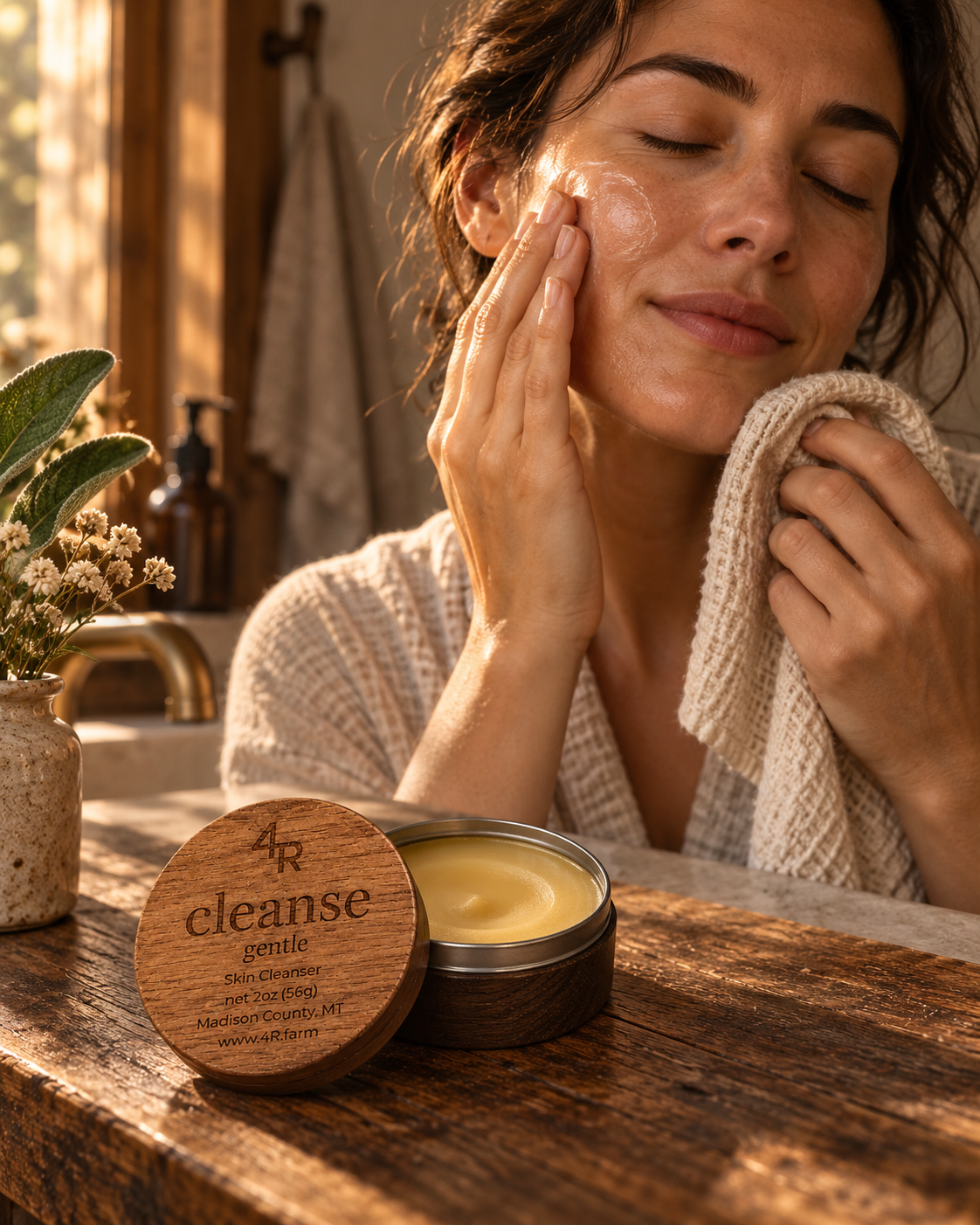 Woman removing facial cleanser with a soft cloth during her GENTLE skincare routine