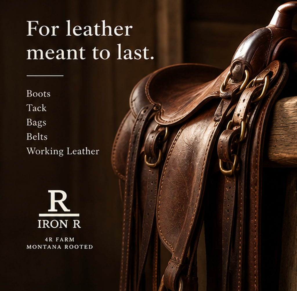 Western saddle beside the words “For leather meant to last,” with suggested uses for HIDE leather care.