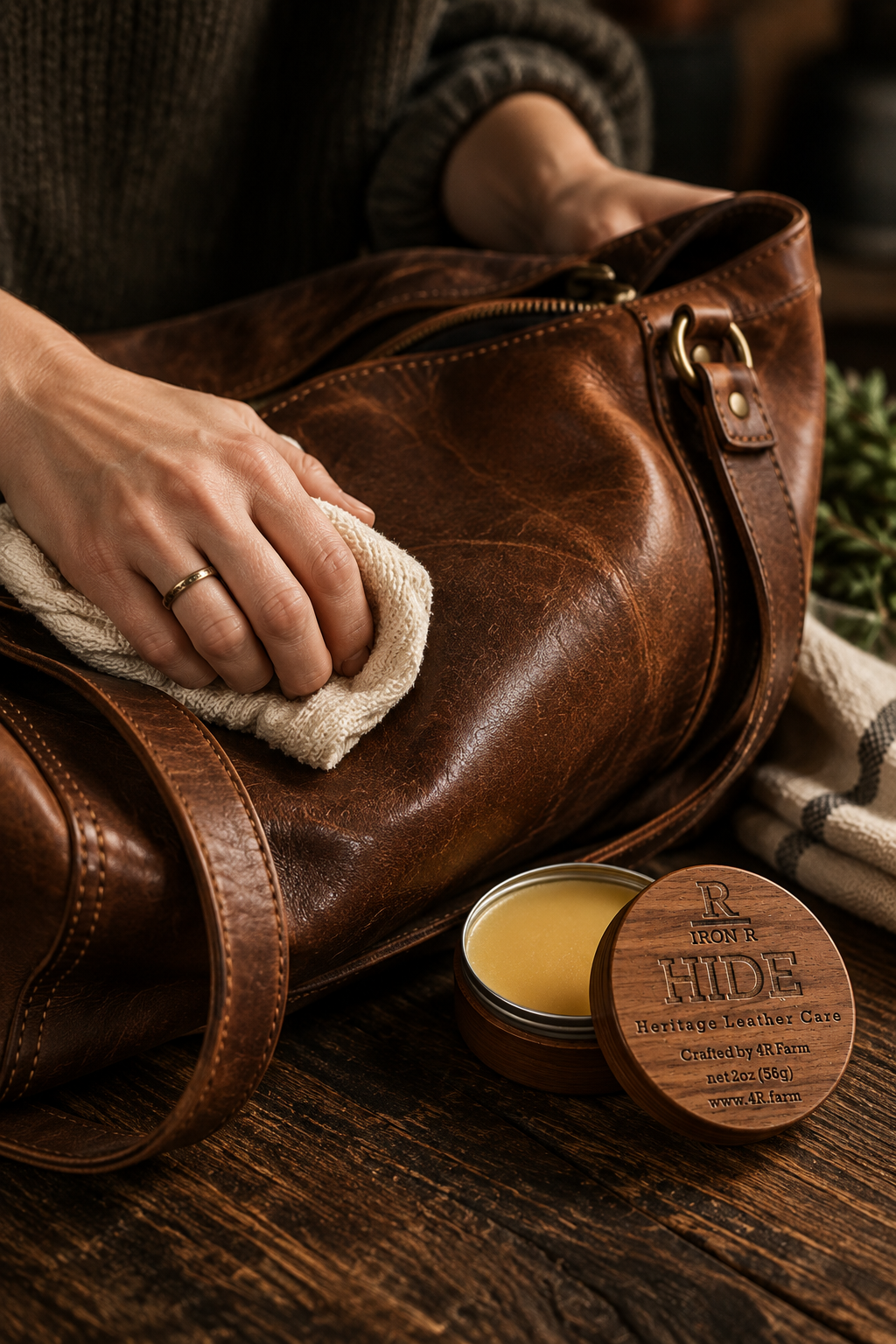 Hand conditioning a brown leather bag with IRON R HIDE and a soft cloth.