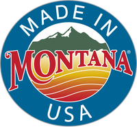 Logo with 'Made in Montana USA' text and mountain graphic on a blue background