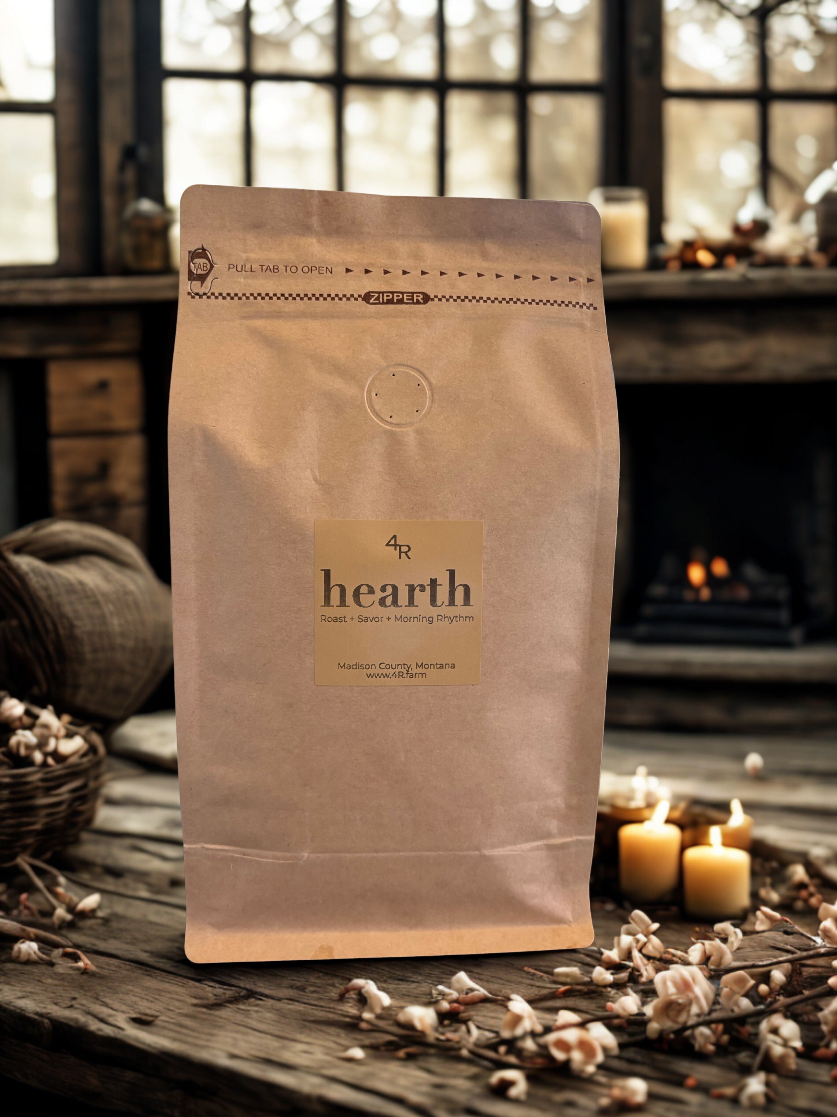 Kraft paper coffee bag with 'hearth' label on a rustic wooden table with candles and flowers.