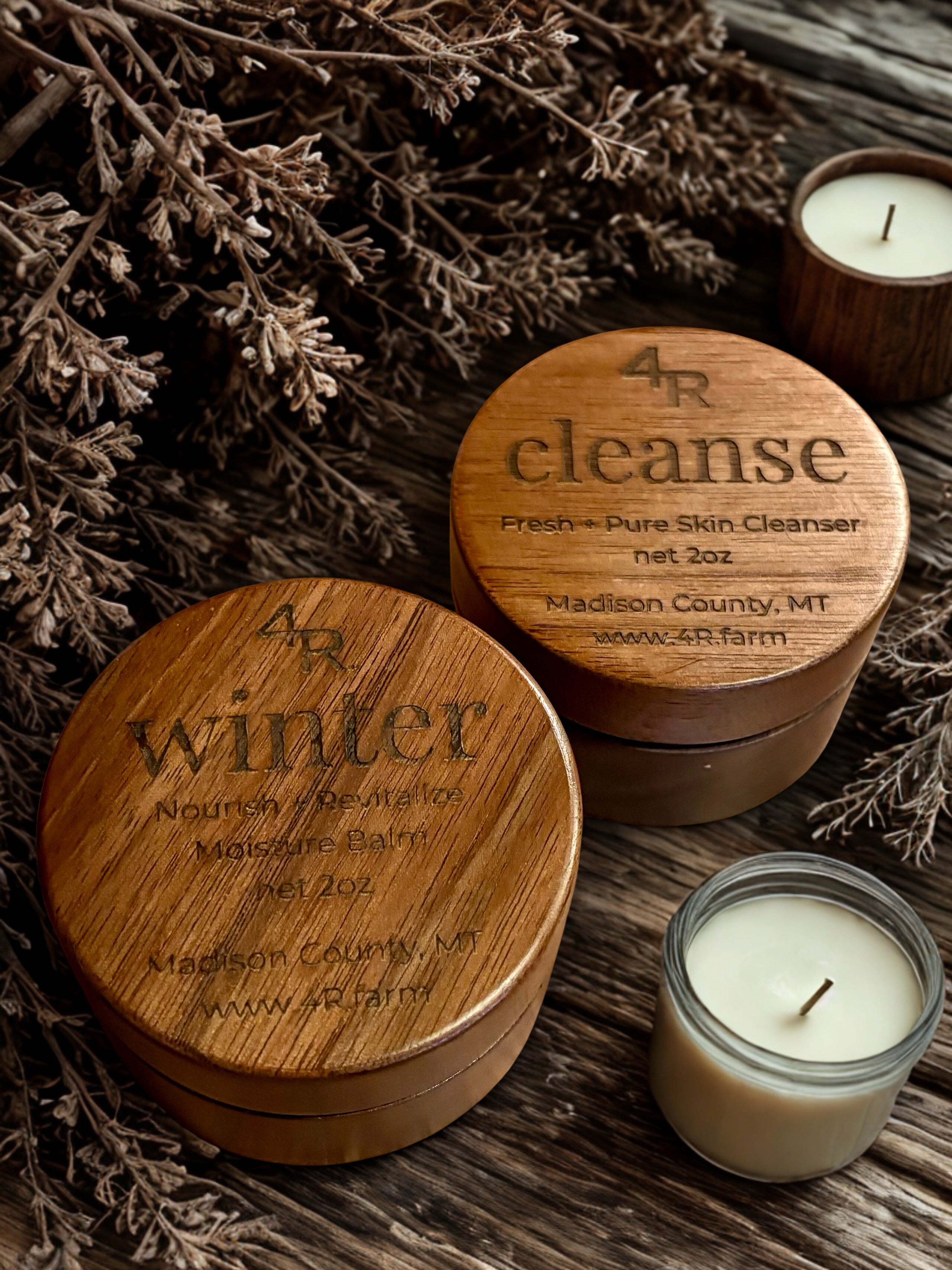 Wooden containers labeled '4R winter' and '4R cleanse' with a candle on a rustic background.
