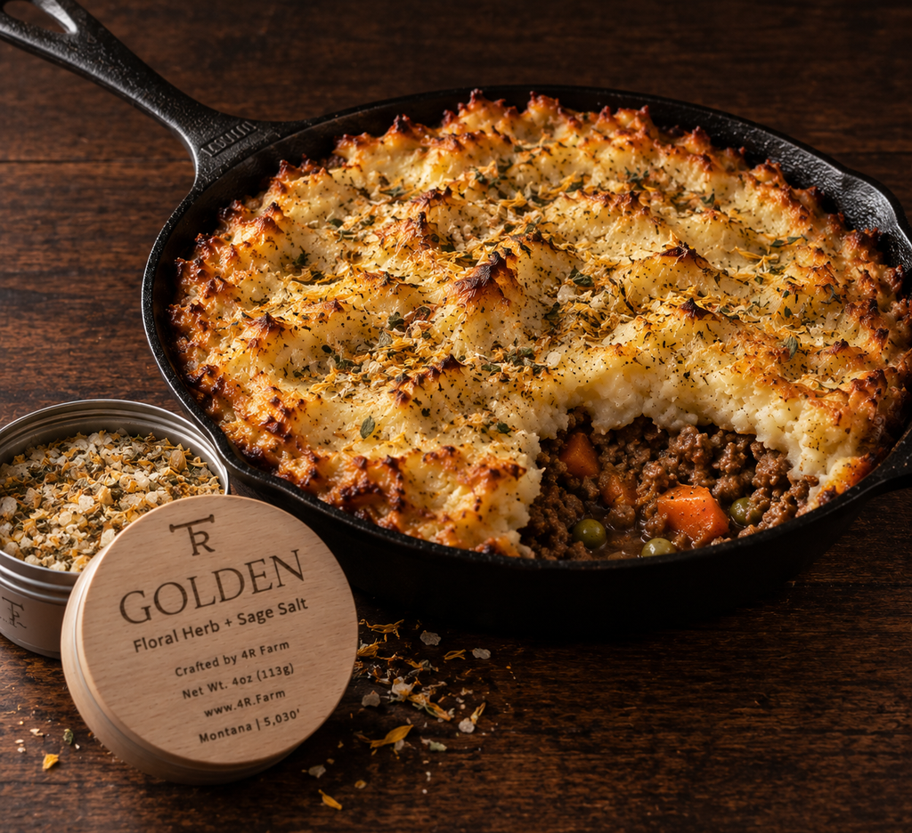Skillet cottage pie seasoned with GOLDEN salt beside its engraved beechwood tin.