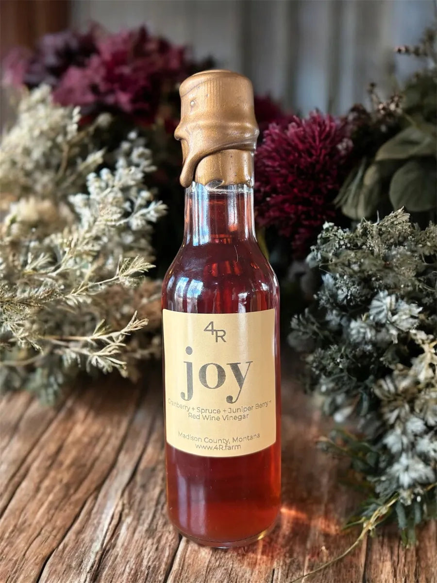 Bottle of 'joy' red wine vinegar with a wax cap on a wooden surface surrounded by decorative plants.